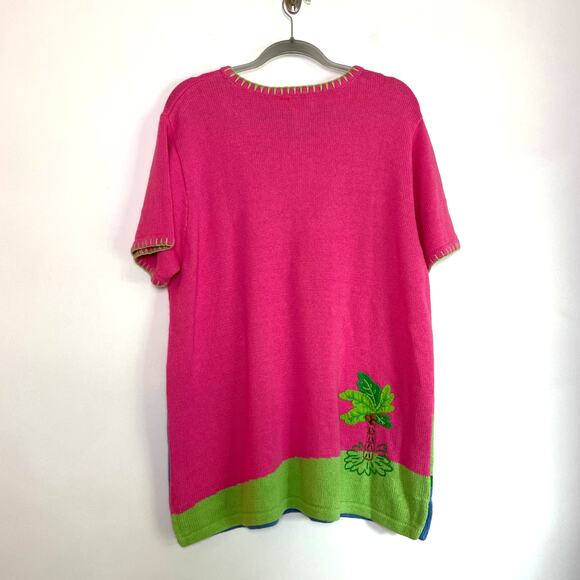 VTG Quacker Factory Flamingo Beach Novelty Short Sleeve Sweater Sz XL Ramie NWT - Picture 2 of 6